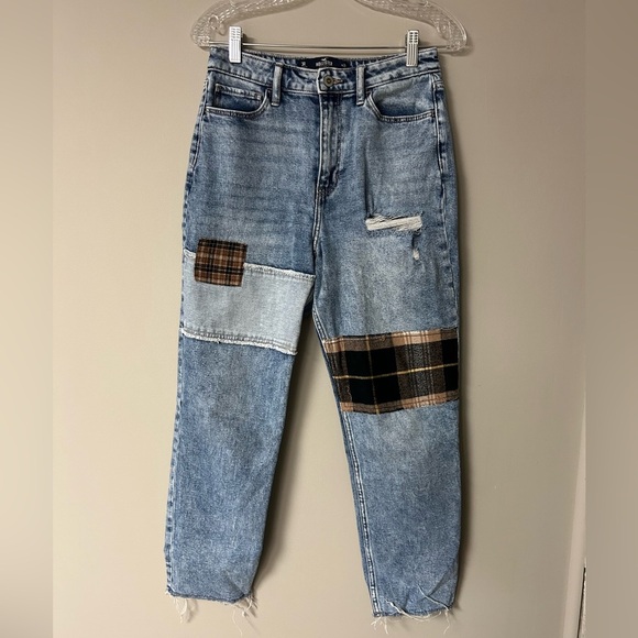 Hollister High Rise Mom Jeans With Plaid Patches - Picture 1 of 4